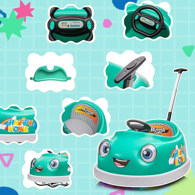 12V Dual Battery Electric Ride on Kids Bumper Car w/Remote Control,360 Degree Spin,Push Rod Rocker Horse Function,3-Speeds Babies & Toddlers Bumping Car Ride on Toy Gift for 1-4 Years Children（Green）-CubbioJoy