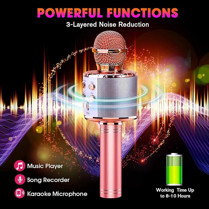 BlueFire 4 in 1 Karaoke Wireless Microphone with LED Lights, Portable Microphone for Kids, Great Gifts Toys for Kids, Girls, Boys and Adults (Pink)-CubbioJoy