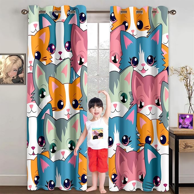 Cat Curtain Panels for Girls - 2Pcs Cat Blackout Curtains for Girls Bedroom, 84W x 84L-CubbioJoy