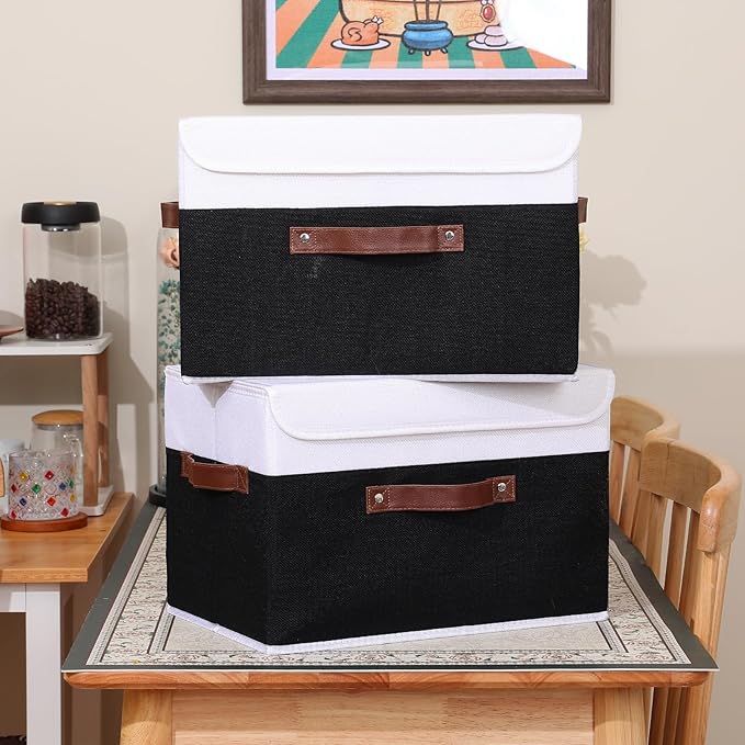 ANMINY 2PCS Storage Boxes with Lid Washable Decorative Storage Bins Basket with PU Leather Handle Foldable Linen Fabric Storage Cubes Containers for Home Closet Organizer - Black White, Large Size-CubbioJoy