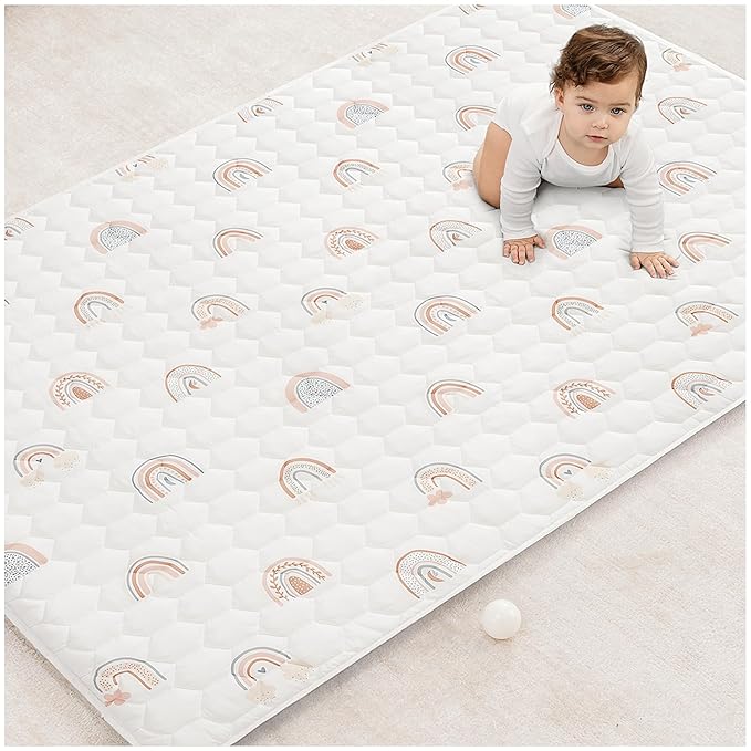 Comfy Cubs Rectangle Kids Play Mat - Medium 48 x 72 inches Soft Quilted Baby Floor Mat with Non-Slip Bottom - Plush Design for Toddlers Playtime and Relaxation - Comfortable and Durable - Rainbow-CubbioJoy