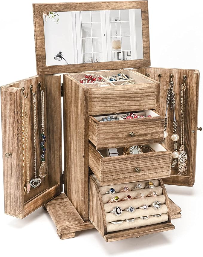 Jewelry Box for Women, Rustic Wooden Jewelry Boxes & Organizers with Mirror, 4 Layer Jewelry Organizer Box Display for Rings Earrings Necklaces Bracelets (Rustic Brown)-CubbioJoy