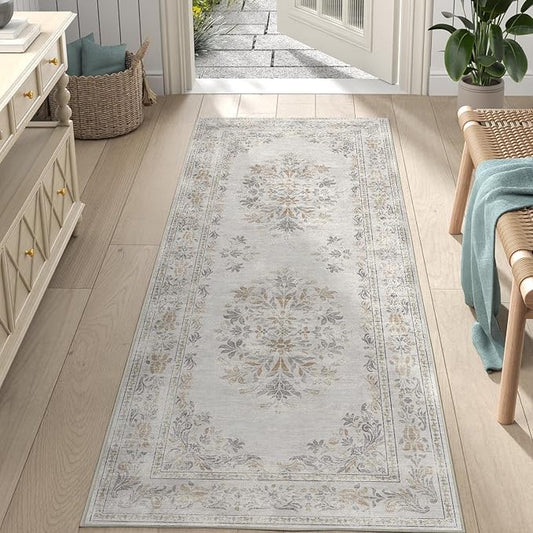 jinchan Vintage Floral Runner Rug 2x5 - Machine Washable Distressed Design Non-Slip Low-Pile Soft Thin Carpet for Hallway Kitchen Farmhouse Bedroom Entryway Laundry Room (2x5ft,Light Grey)-CubbioJoy