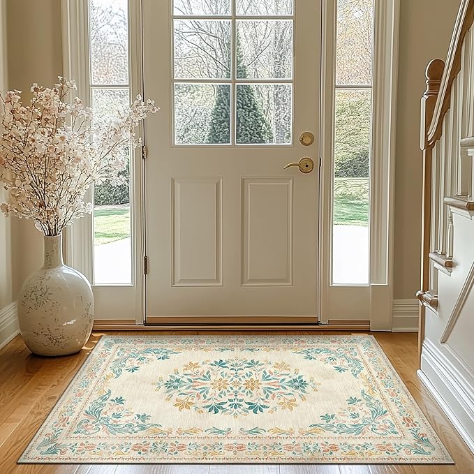 jinchan Vintage Floral 3x5 Area Rugs for Entryway - Machine Washable Distressed Design Ultra-Thin Low-Pile Soft Non-Shedding Carpet for Kitchen Bedroom Laundry Living Room (3x5ft,Apricot Multi)-CubbioJoy