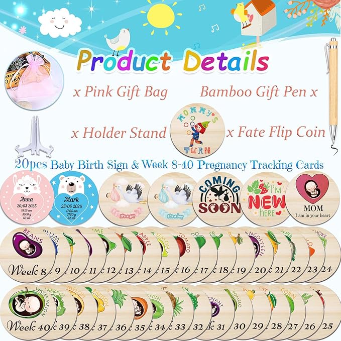 42 Designs Pregnancy Weekly Milestone Signs - Wooden Weekly Baby Bump Tracker Milestone Discs - Trimester Pregnancy Must Haves - Essential Gifts for Mommy to Be (Pregnancy Milestones Cards)-CubbioJoy