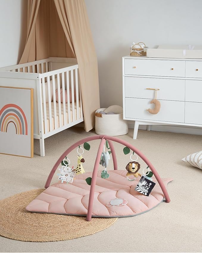 Blissful Diary Baby Play Gym & Activity Mat, Oversize Leaf Shaped Tummy Time Baby Play Mat w 6 Detachable Toys Promotes Motor Skills & Sensory Development, Newborn Infant Essentials Gift, Crystal Pink-CubbioJoy