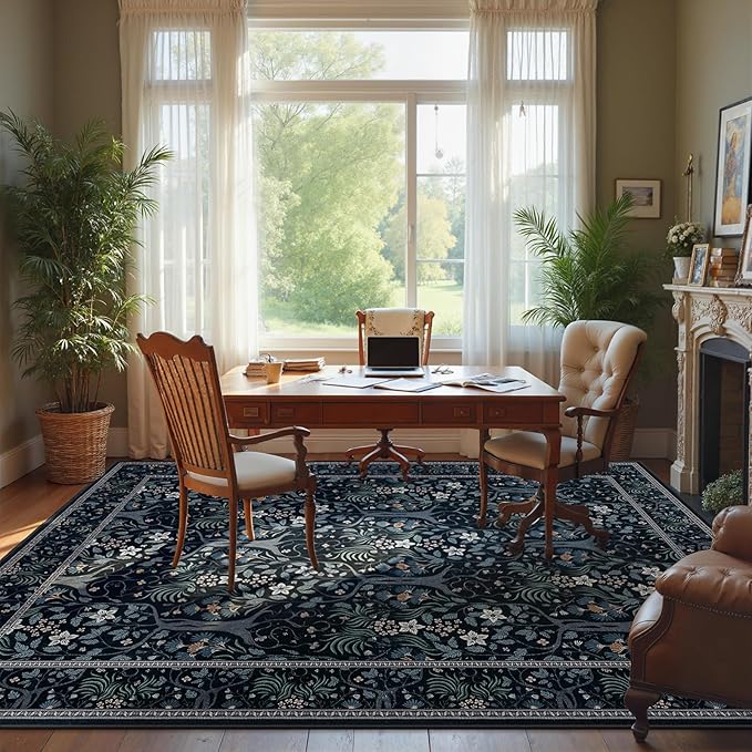 Joydeco Floral Living Room Rugs, Washable Large Bedroom Rug 8x10 Under Bed Non Slip, Soft Forest Botanical Low-Pile Floor Indoor Throw Carpet for Dining Table Home Office, Blue-Black-CubbioJoy