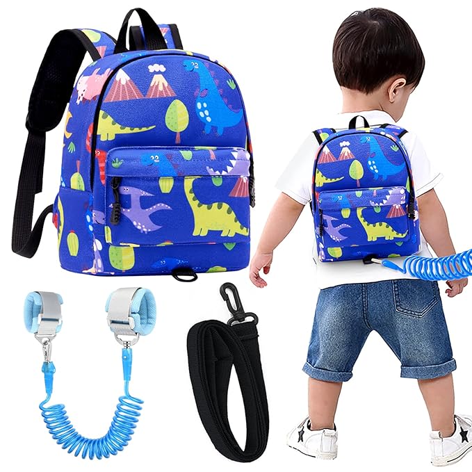 Accmor Toddler Backpack Leash with Anti Lost Wrist Link, Cute Mini Child Walking Harnesses Keep Kids Close Back Pack Rope Tether Rein for Baby Boys (Blue/Dino)-CubbioJoy