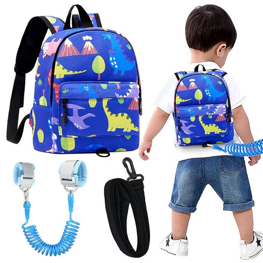 Accmor Toddler Backpack Leash with Anti Lost Wrist Link, Cute Mini Child Walking Harnesses Keep Kids Close Back Pack Rope Tether Rein for Baby Boys (Blue/Dino)-CubbioJoy