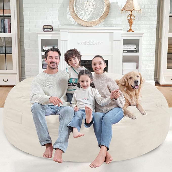 7FT Bean Bag Chair, Large Bean Bag Chairs with Memory Foam Filled, Fluffy Beanbag Sofa with Dutch Velvet Cover, Round BeanBag Chairs for Living Room, Playroom - Beige-CubbioJoy