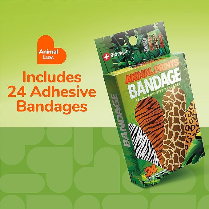 BioSwiss Bandages, Animal Prints Self Adhesive Bandage, Leopard, Zebra, Giraffe, and Tiger Print Designs, Latex Free Sterile Wound Care, Standard Shape for Kids and Adults, 24 Count-CubbioJoy