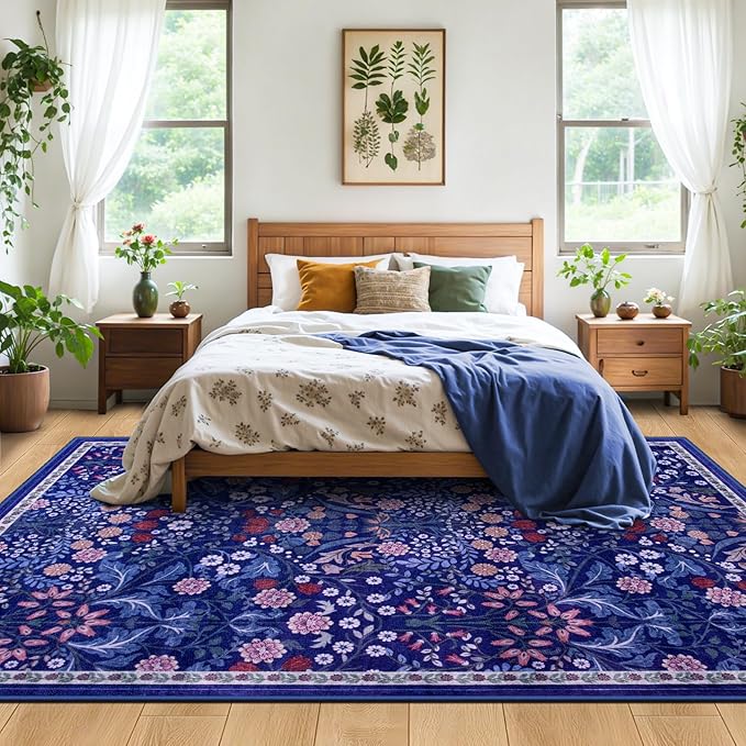 Area Rugs 9x12 Living Room: Floral Washable Rug Vintage Large Soft Boho Non-Slip Carpet Indoor Floor Stain Resistant Low Pile Carpets for Bedroom Dining Room Farmhouse Nursery Home Office Blue-CubbioJoy