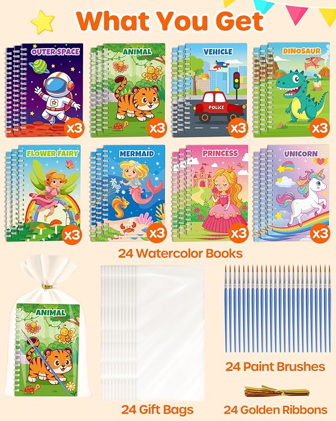 D-FantiX 24 Pack Paint with Water Coloring Books for Kids Ages 4-8-12, Birthday Party Favors Bulk Gifts Goodie Bag Stuffers, Arts and Crafts Classroom Prizes Rewards, Back to School Gifts for Students-CubbioJoy