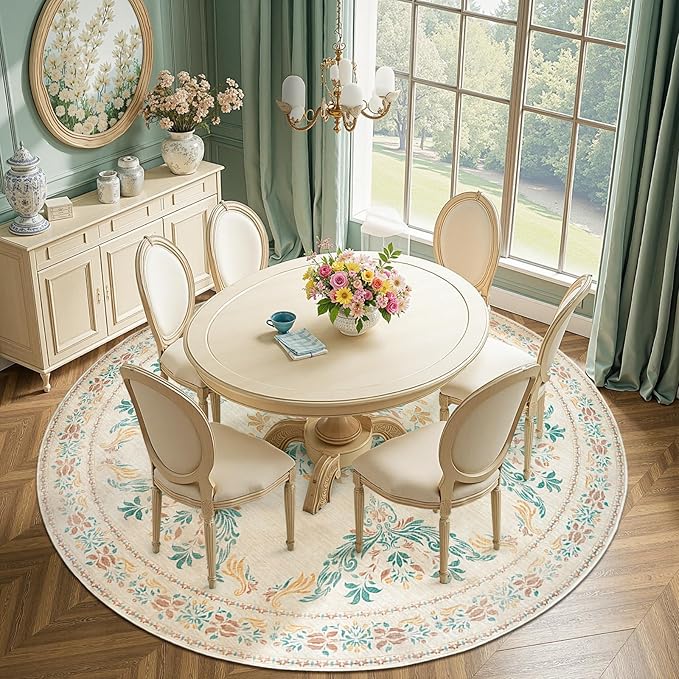 jinchan Round Rug 8ft Area Rugs,Vintage Floral Distressed Design Machine Washable Soft Non-Slip Low-Pile Ultra-Thin Circle Rug for Living Room Dining Room Bedroom Home Office (8' Round,Apricot Multi)-CubbioJoy