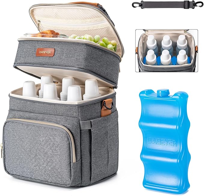 Insulated Breastmilk Cooler Bag with Ice Pack - Holds 6x9oz Bottles, Leakproof Double Layer, Baby Bottle Cooler Bag with Adjustable Strap for Nursing Moms, Daycare & Travel-CubbioJoy