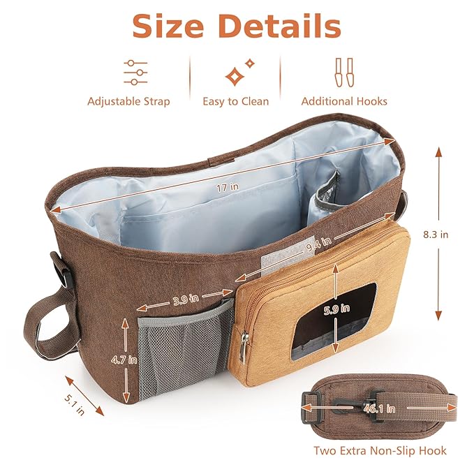 Accmor Universal Stroller Organizer with Insulated Cup Holder, Stroller Caddy Bag Accessories, Stroller Cup Holder Organizer for Uppababy Baby Jogger Britax Stroller, Brown-CubbioJoy