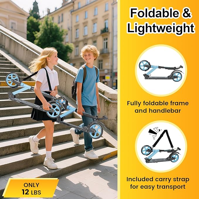 Kick Scooter for Kids Teens & Adults, 4 Adjustable Heights, 8IN All Terrain Big Wheels, Dual Brakes & Dual Suspension, Foldable and Lightweight, Gifts for Girls Boys-CubbioJoy