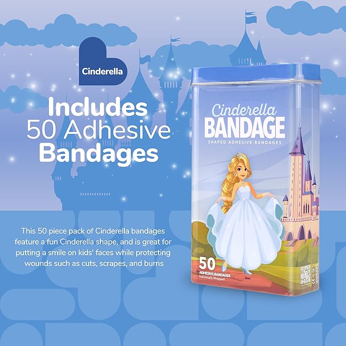 BioSwiss Bandages, Princess Cinderella Shaped Self Adhesive Bandage, Latex Free Sterile Wound Care, Fun First Aid Kit Supplies for Kids and Adults, 50 Count-CubbioJoy