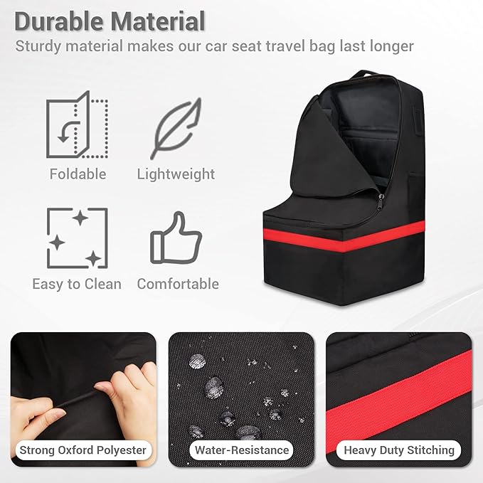 Car Seat Travel Bag - Padded, Comfortable, Durable, Roomy Gate Check Carseat Cover Backpack Fits 3-in-1，Convertible, Booster & Infant Car Seats for Airplane, Airport, Red-CubbioJoy