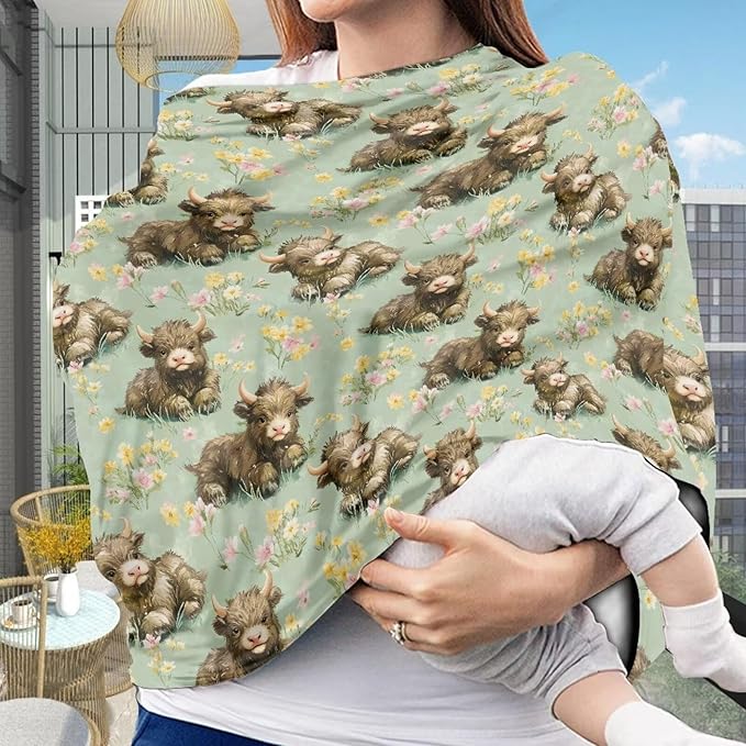 Binienty Highland Cow Baby Car Seat Cover for Boys Girls,Boho Floral Infant Carseat Cover Multi Use Baby Nursing Cover, Shopping Cart/High Chair/Stroller Cover-CubbioJoy