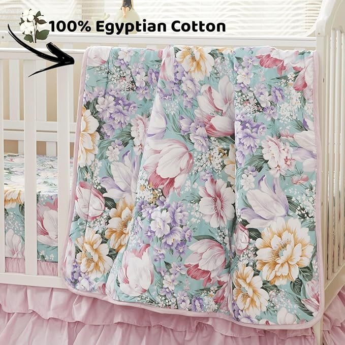 Brandream Crib Bedding Sets for Girls Garden Floral Nursery Set 3-Piece | Ruffled Baby Comforter, Crib Sheet and Tulle Lace Crib Bed Skirt, Green White-CubbioJoy