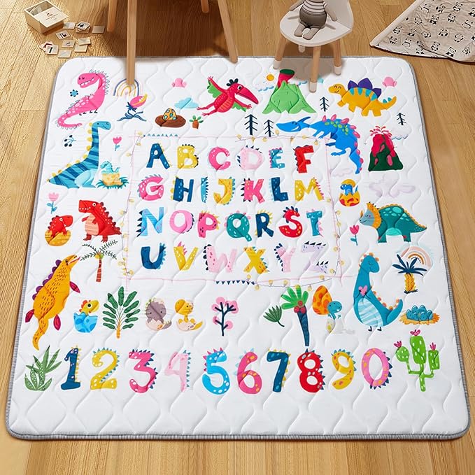 Baby Play Mat - Thicken 71x59 Inch Soft Foam Crawling Mat for Playpen & Floor, Non-Slip Waterproof Playmats for Infants & Toddlers, Portable Foldable & Machine Washable, Dinosaur & Letters-CubbioJoy