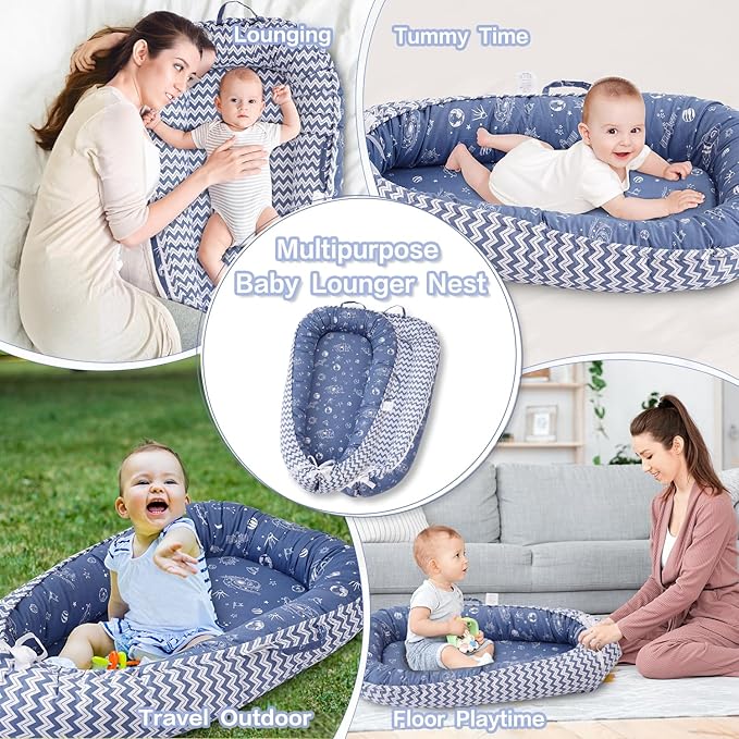 Baby Lounger - Infant Lounger for Newborn 0-24 Months, Breathable & Soft Baby Lounger Cover, Portable Infant Lounger for Home and Travel, Babies Essentials Gifts - Blue-CubbioJoy