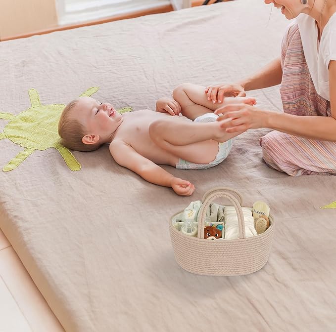 Diaper Caddy Organizer Cotton Rope Baby Basket Nursery Storage and Portable Tote Bag for Car Ideal Baby Shower Gifts and Registry Must-Have for Newborn Essentials light konjak-CubbioJoy