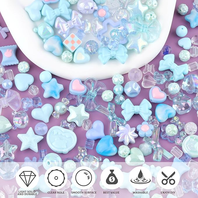 Assorted 170-230PCS Blue Acrylic Beads for Bracelet Making, Flower Bow Butterfly Candy GummyBear Aesthetic Bracelet Charms,Cute Beads for Jewelry Making DIY Necklace Keychain Phone Charm-CubbioJoy
