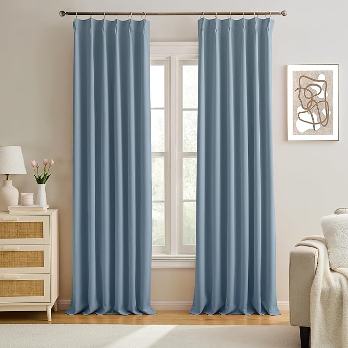 KEQIAOSUOCAI Dusty/Stone/Slate Blue Pleated Blackout Curtains 84 Inch Drop 2 Panels, Heat and Full Light Blocking Thermal Insulated Drapes for Bedroom Pinch Pleat with Hooks,40" W x 84" L-CubbioJoy