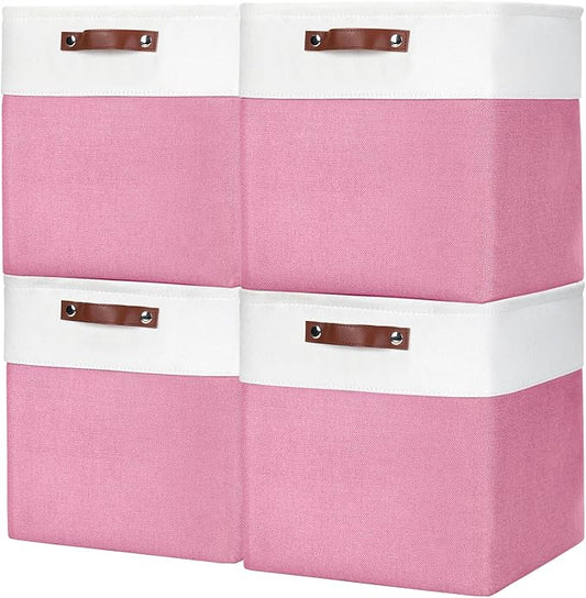 13x13 Cube Storage Bins, Collapsible Fabric Storage Box, 4 Pack Closet Baskets with Handles for Organizing, Shelf, Toys, Clothes, Home, Office, Nursery (Pink&White)-CubbioJoy