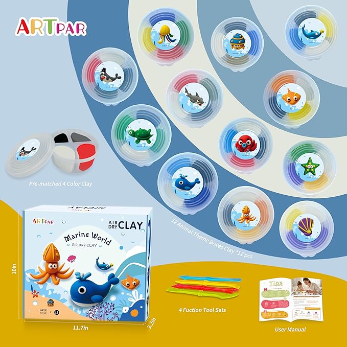 ARTPAR Air-Dry Clay Kit for Kids,12 Marine Animals‌ Modeling Magic Clay Sculpting Tools Set,Non-Toxic, Ultra-Light,Creative DIY School Arts & Crafts Gifts for Boys & Girls Ages 3-12-CubbioJoy