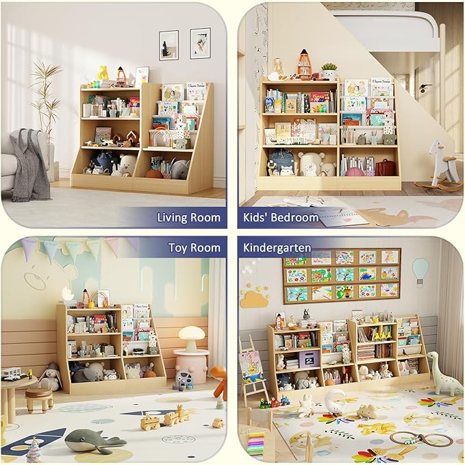 39" Large Kids Wooden Bookshelf and Toy Storage Organizer, Baby Bookcase with Sling Book Rack, Children Toddler Wooden Book Shelf for kids rooms, Playroom, Classroom, Nursery, School (Natural)-CubbioJoy