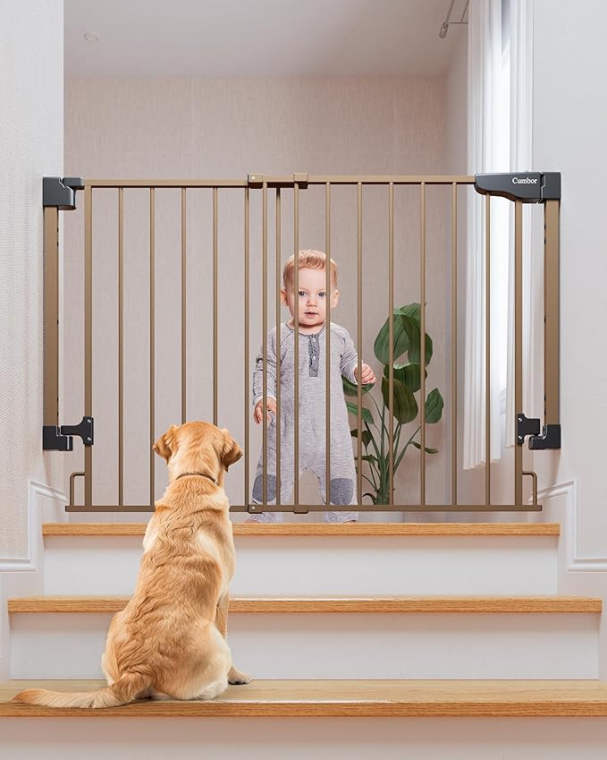Cumbor 29.2-43" No Bottom Bar Baby Gate for Stairs, 2-in-1 Hardware Mounted Dog Gate Indoor, Pet Gate for Doorways with Large Walk Thru Door, Child-Proof Safety Gate for Top & Bottom of Stairs (Brown)-CubbioJoy