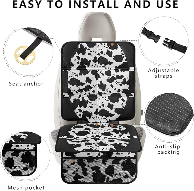 Car Seat Protector for Child Car Seat, 2 Pack Baby Car Seat Covers with Mesh Pockets & Non-Slip Backing 600D Durable Seat Protector Under Baby Car Seat for Car Back Seat (Cow Print, Large)-CubbioJoy
