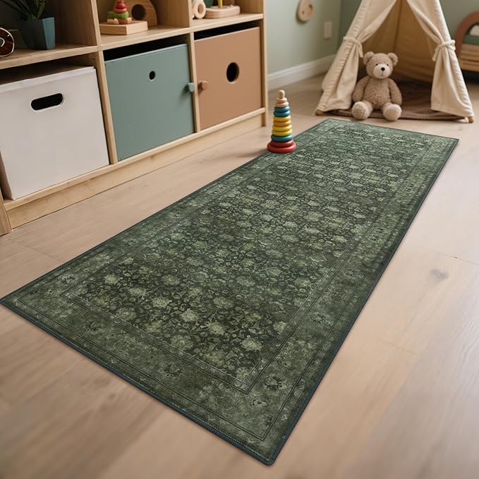 2'6x8' Washable Runner Rug for Hallway, Non Slip Vintage Floral Long Carpet Runners for Entryway, Kitchen, Bathroom, Bedroom, Low Pile Laundry Rugs Rubber Backing (Distressed Green)-CubbioJoy