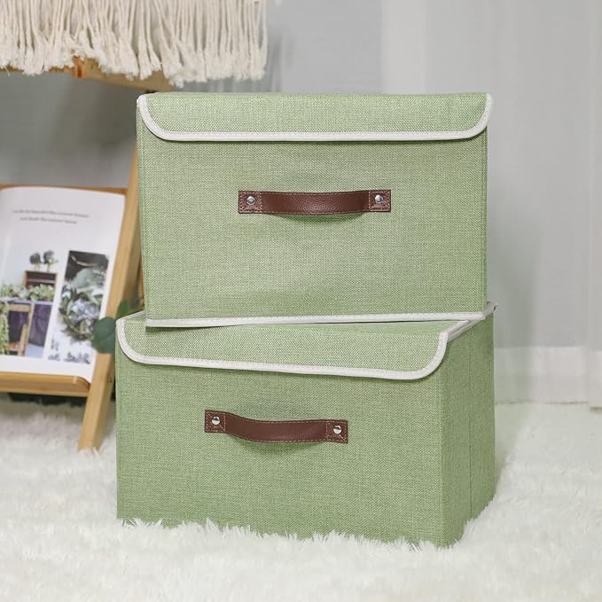 ANMINY 4PCS Storage Bins with Lid PU Leather Handles Storage Boxes PP Plastic Board Decorative Foldable Lidded Cotton Linen Fabric Home Cubes Baskets Closet Organizer Containers - Green, Large Size-CubbioJoy