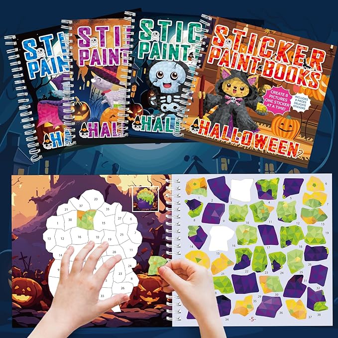 4Pcs Halloween Paint by Sticker Books for Kids Ages 4-8 Halloween Pumpkin Ghost Witch Sticker by Number Books Activity Book for Kids Puzzle Book Craft Art Gift Holiday Party Favors Create 32 Pictures-CubbioJoy