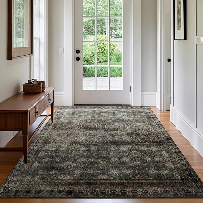 4x6 Area Rug for Bedroom Machine Washable, Non Slip Vintage Floral Kitchen Rugs for Dining Room, Rustic Indoor Floor Carpet for Kids Room, Playroom, Farmhouse(Dark Green/Brown/Multi)-CubbioJoy