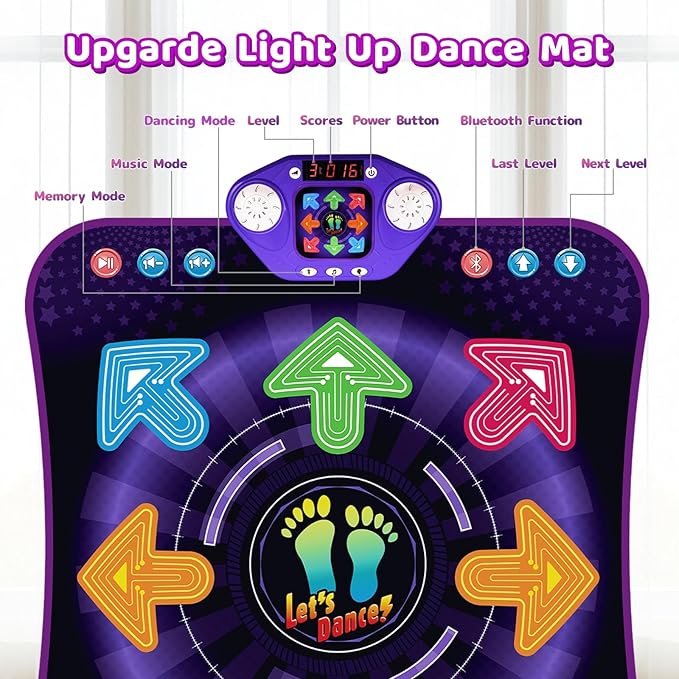 Dance Mat Toys for 3-12 Year Old Girls Boys, Dance Pad with Light Up 8-Buttons & Bluetooth, Music Dance Game with 7 Game Modes, Christmas Birthday Gifts for 3 4 5 6 7 8 9 10+ Year Old Girls Boys-CubbioJoy
