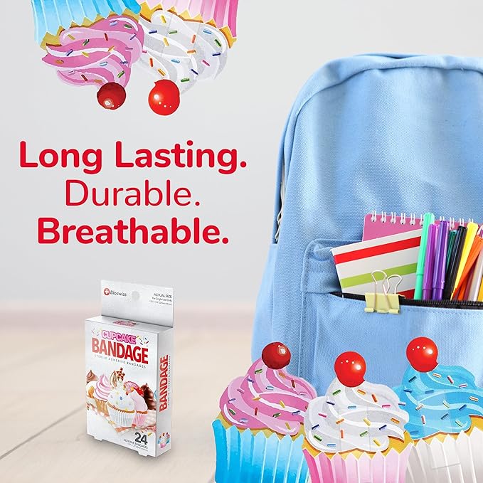 BioSwiss Bandages, Cupcake Shaped Self Adhesive Bandage, Latex Free Sterile Wound Care, Fun First Aid Kit Supplies for Kids, 24 Count-CubbioJoy