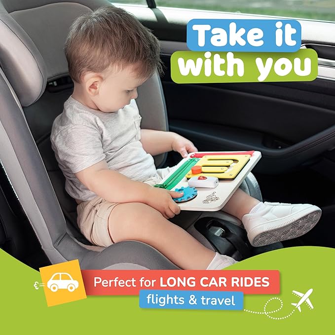 deMoca Montessori Busy Board for 1 Year Old, Premium Wooden Baby Busy Board, Airplane Toys for Toddlers 1-3, Car Travel Essential, Gift for Boys & Girls-CubbioJoy