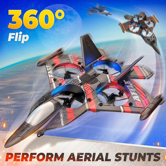 BEZGAR Drones for Kids | 2.4GHZ RC Plane, Remote Control Airplane, RC Helicopter, 360° Flip Fighter Jet Toy, Toys for ages 8-13 with Colorful LED Navigation Lights Red-CubbioJoy