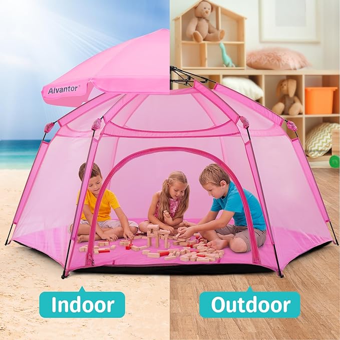 Alvantor Pop Up Playpen- 7'x7'x44”Baby Playpens Large Kids Play Tent Portable and Foldable Playpen Indoor/Outdoor Play Yard with Protective Mesh, UV SPF 50+ Sunshade, and Soft Foam Floor, Pink-CubbioJoy