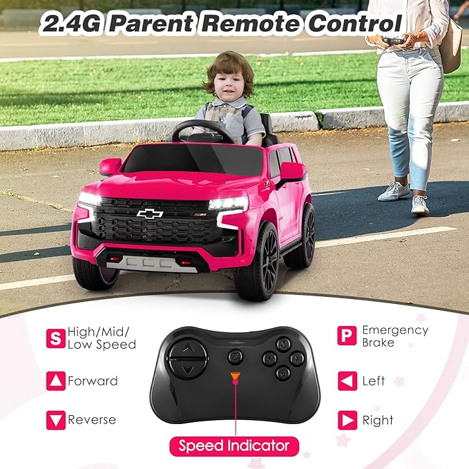 Costzon Ride on Car, 12V Licensed Chevrolet Tahoe Battery Powered Electric Vehicle w/ 2.4G Remote Control, High/Low Speed, Music, Lights, MP3/USB/FM, Spring Suspension, Electric SUV for Kids (Pink)-CubbioJoy