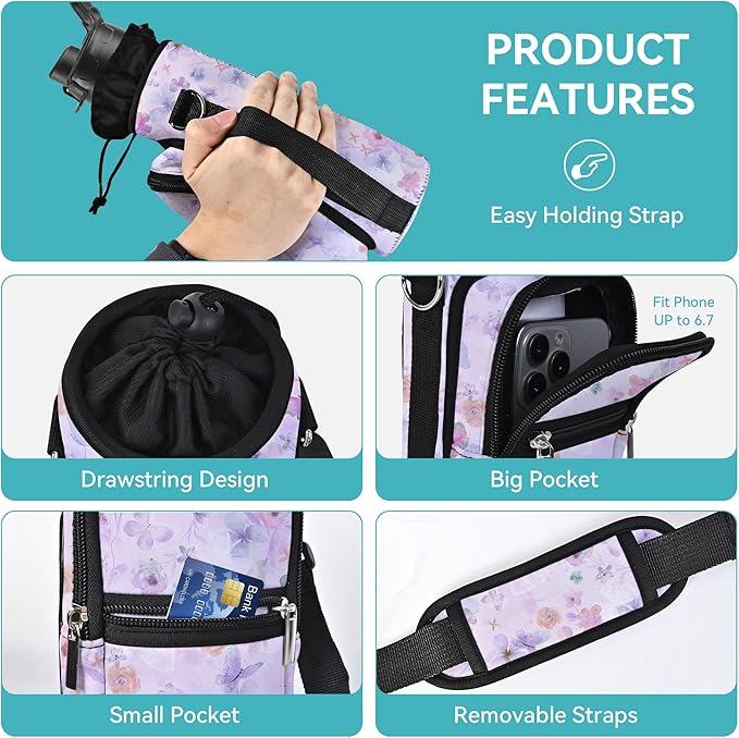 25/32/40/64oz Water Bottle Bag Holder Carrier-Insulated Crossbody Sling Case Sleeve with Strap & Pockets for Men Women Gym Cycling Travel Walking Hiking Camping-CubbioJoy