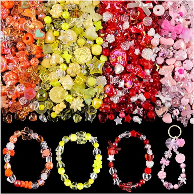 Assorted 180-240PCS Acrylic Beads For Bracelet Making, Flower Bow Butterfly Candy Gummy Bear Kawaii Aesthetic Bracelet Charms,Cute Beads For Jewelry Making DIY Necklace Keychain Phone Charm-CubbioJoy
