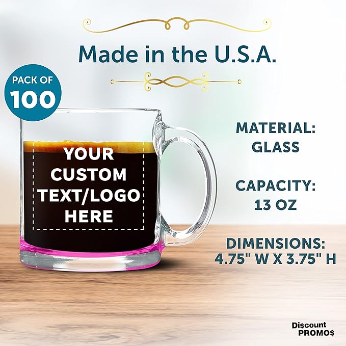 Custom Libbey Clear Glass Coffee Mugs 13 oz. Set of 100, Personalized Bulk Pack - Perfect for Coffee, Tea, Espresso, Hot Cocoa, Other Beverages - Pink Bottom-CubbioJoy