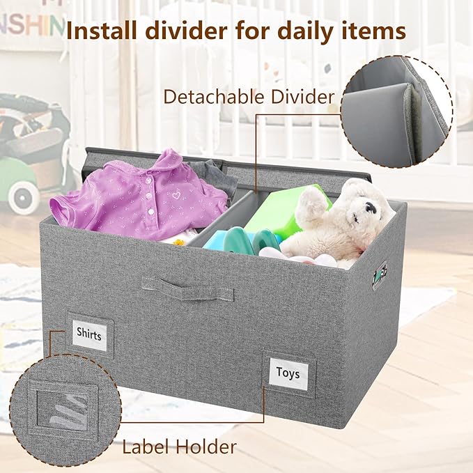 75 Quarts Extra Large Decorative Storage Bins with Lids, 3 Packs Gray Collapsible Storage Bins with Lids, Stackable Storage Bins Decorative Box Storage With Lid Extra Large-CubbioJoy