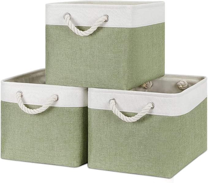 Bidtakay Large Fabric Baskets for Organizing [3-pack] Closet Organizers and Storage Baskets for Gifts Empty Foldable Nursery Baskets for Toy Storage 15 X 11 X 9.5 Inches (White&green)-CubbioJoy